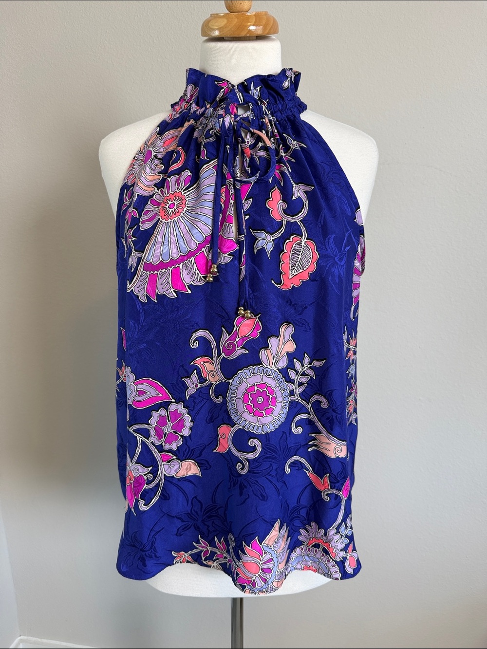 Alice & Trixie 100% Silk Floral Halter Top Blue Pink Size S